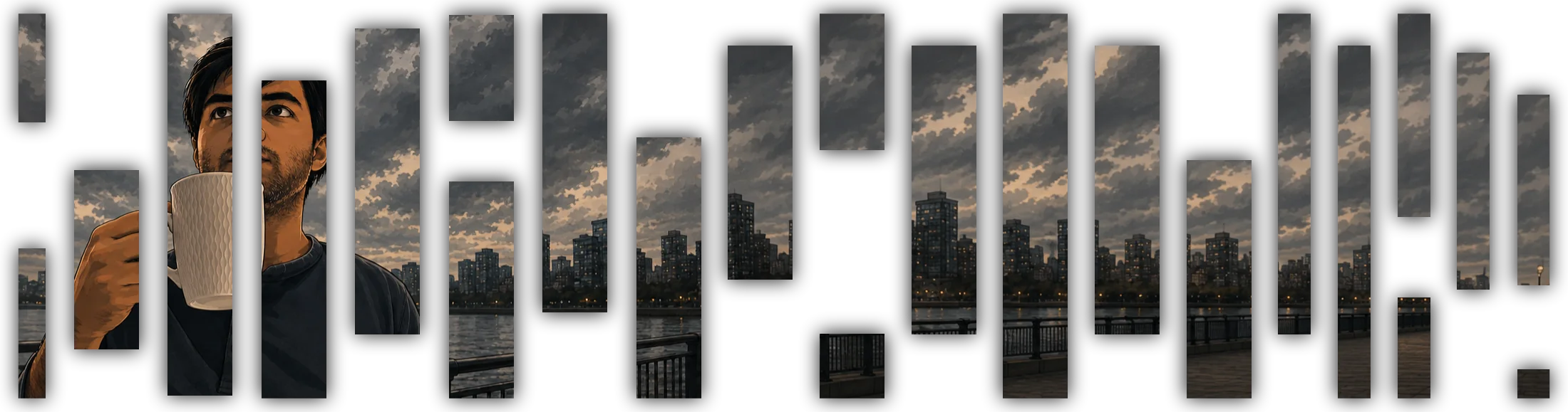 Stylized portrait of Osama Kawish against a city skyline.